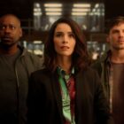 Abigail Spencer, Matt Lanter, and Malcolm Barrett in Timeless