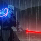 A man holds a lightsaber and stands in the rain.