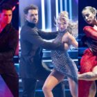 Jordan Chiles, Ezra Sosa, Dylan Efron, Daniella Karagach, Alix Earle, and Val Chmerkovskiy on the November 18, 2025, episode of ABC