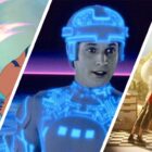 Split image showing three Disney sci-fi movies: Lilo &amp; Stitch, Tron, and Big Hero 6