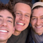 Kevin McHale, Jonathan Groff, and Matthew Morrison posing together backstage at Broadway