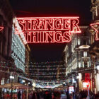 Photo of a Stranger Things Christmas lights display in Milan, Italy.
