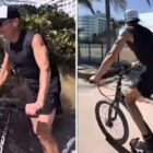 Ryan Seacrest riding a bike with no seat