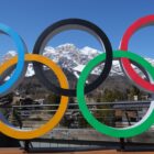 A general view of the Olympic rings in front of the Olympia delle Tofane ski run on March 19, 2025 in Cortina d