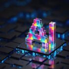Pixelated letters A I standing on top of a glowing data center rack.