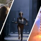 Split image showing screenshots from three Super Bowl ads for Walmart, Apple Macintosh, and Olay.