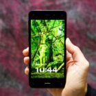 A hand holds a smartphone with a black frame and a vivid green image of a tree on the screen, along with the date and time.