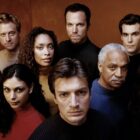 FIREFLY, from left, Jewel Staite, Alan Tudyk, Morena Baccarin, Gina Torres, Nathan Fillion, Adam Baldwin, Ron Glass, Sean Maher, Summer Glau, 2002-03. ph: Stewart Volland / TV Guide / TM and Copyright ©20th Century Fox Film Corp. All rights reserved / courtesy Everett Collection