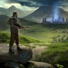 Key art for Atomfall showing a character in the English countryside looking at a nuclear plant some distance away