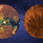 On the left, a circle shows colorful blobs that make sort of a line pattern in the center. On the right, streaks move outward from a central point.