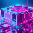 A highly detailed, glowing 3D illustration of a futuristic media hub or streaming device, with neon cyan and magenta lights illuminating the intricate cybernetic components, representing the convergence of various streaming services into a unified platform.