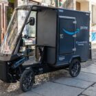 An electric Amazon Prime delivery vehicle.