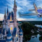 A blue Southwest Airlines plane flies over a fairy-tale Disney castle at sunset, with lush greenery and park rides visible in the background. The scene captures a whimsical juxtaposition of aviation and a magical theme park setting.