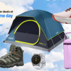 collage on blue sky background with light fluffy clouds showing the best outdoor gear deals at amazon prime day 2026, including a coleman tent, lifestraw water filter, hiking boots, running shoes, garmin watch, and rtic hard cooler