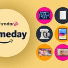 Assorted electronic products on yellow background with Amazon Prime Day text overlay