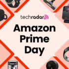 A collection of tech items on Amazon arranged around a TechRadar Prime Day deals badge on a red background