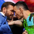 Conor McGregor and Max Holloway face off during the UFC 329 press conference at T-Mobile Arena in Las Vegas, Nevada.