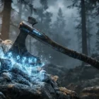 Leviathan Axe embedded in stone with frost magic from God of War series