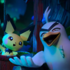 Screenshot from Pokemon Tales: The Misadventures of Sirfetch'd and Pichu, showing a yellow mouse and white bird smiling while singing together.