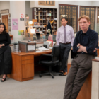 Streaming in September 2026: Ramona Young as Nicole, Oscar Nuñez as Oscar Martinez, Domhnall Gleeson as Ned, Alex Edelman as Adam in "The Paper" Season 2, streaming on Peacock Sept. 9.