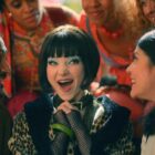 Production still from Schmigadoon! featuring Keegan-Michael Key, Dove Cameron and Cecily Strong.