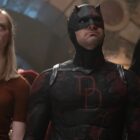 Deborah Ann Woll, Charlie Cox, and Krysten Ritter as Karen Page, Daredevil, and Jessica Jones in the Daredevil: Born Again season 2 finale