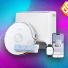 A white robot vacuum with remote, docking station and deal deal sticker on a purple and blue CNET background.