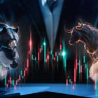 A pair of hands hold glowing, semi-transparent figures of a bear on the left and a bull on the right. Between them and around the hands, glowing green and red candlestick charts representing stock market data are visible. The background is a dark, blurry blue, suggesting a high-tech financial environment. The overall mood is dynamic and emphasizes market forces.