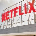 Netflix logo on a building.