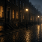 Empty rain-wet cobblestone street in London at night with glowing terrace windows, iron railings, old street lamps and fog, no people, no text, no logos
