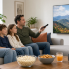 Family relaxing on a sofa in a bright living room, streaming a show on a wall-mounted TV with a remote in hand