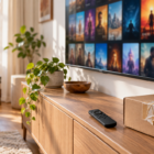 Living room media console with a small streaming stick plugged into a TV and a remote beside a cardboard delivery box
