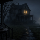 Empty foggy suburban street at night with a single porch light glowing on a darkened house and quiet sidewalks, photoreal cinematic mood, no people or text
